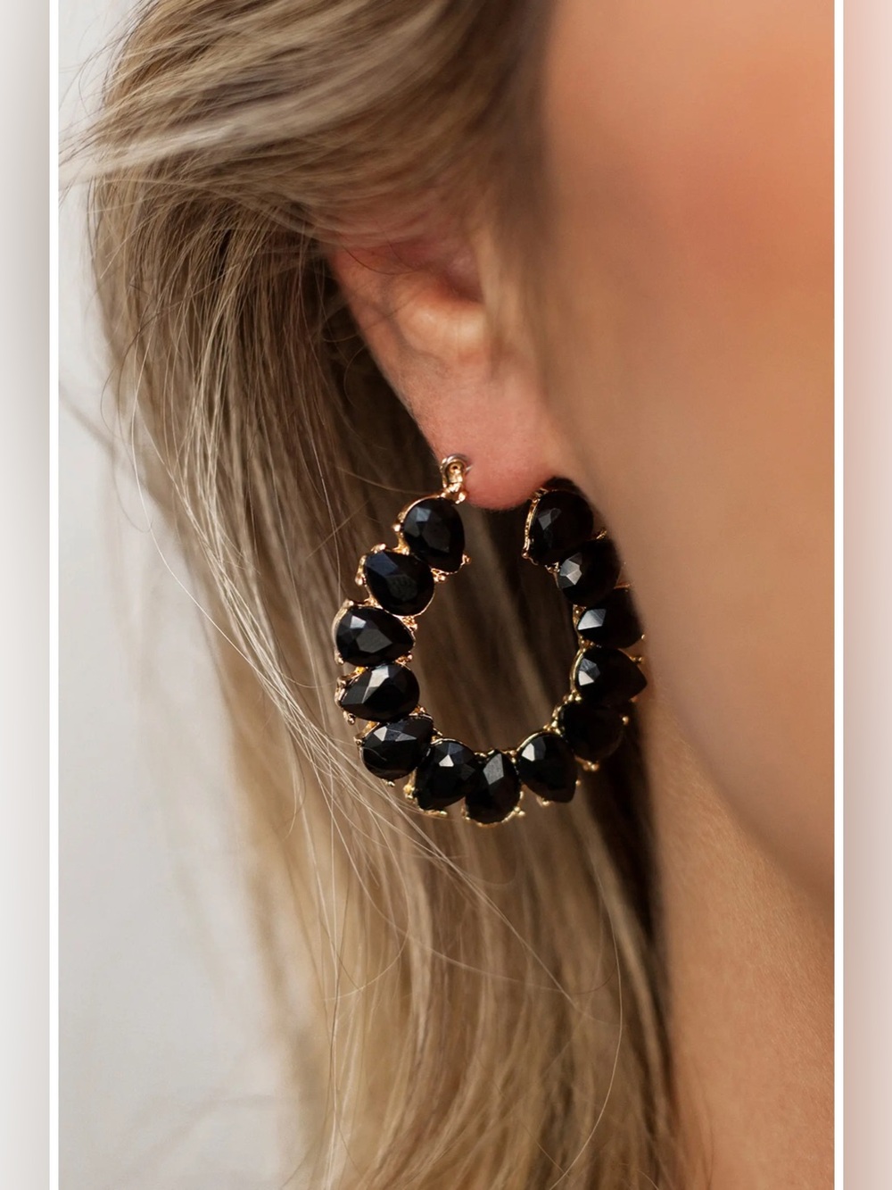 Ettika Crystal Hoop Earrings in Gold Black 1.5"